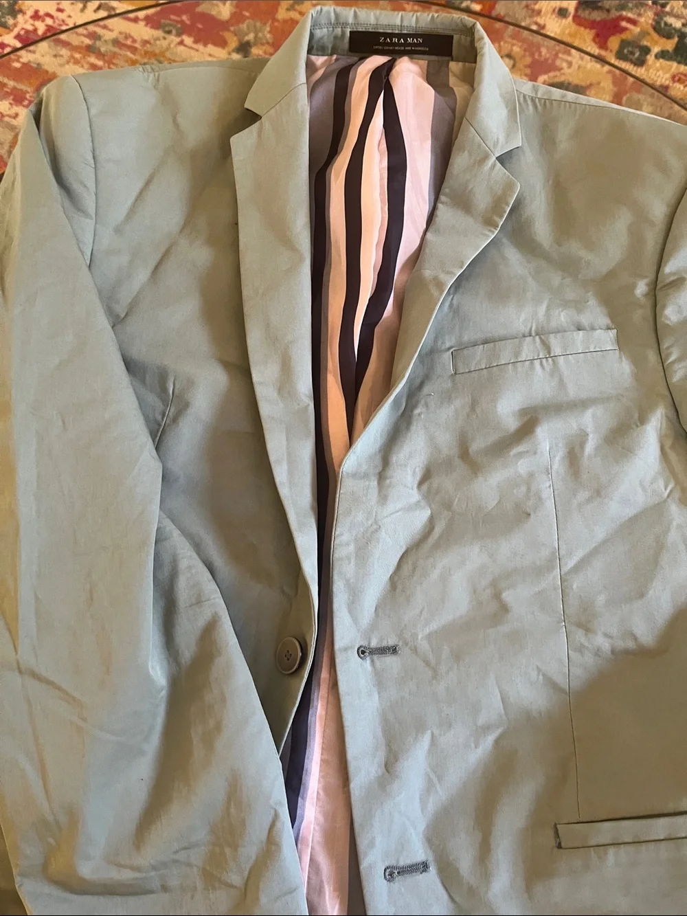 Zara Men's Light Sage Green Blazer with Striped Lining